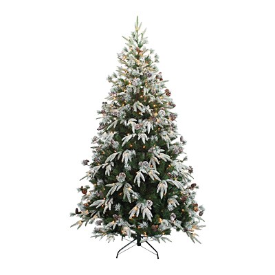 ÁRBOL NAVIDEÑO ARTIFICIAL ILUMINADO 400 LUCES CON PIÑAS FLOCKED 2.13 M VERDE NEVADO