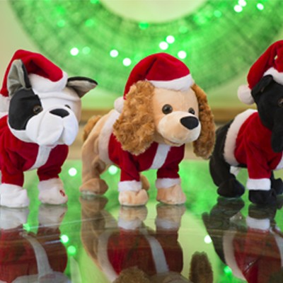 PELUCHE ANIMADO NAVIDEÑO PERRITO CON GORRO Y TRAJE